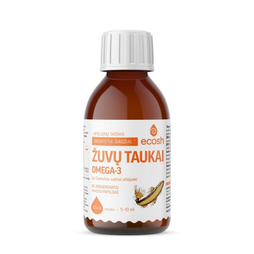 Ecosh OMEGA-3 Žuvų taukai su Camelina sativa aliejumi apelsinų skonio, 150ml