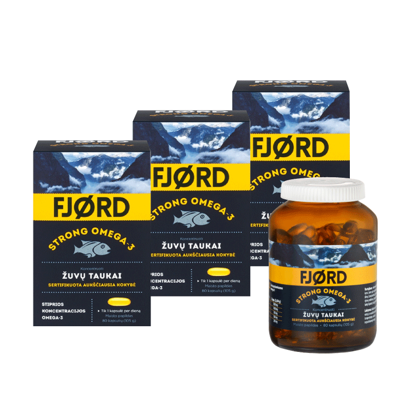 FJORD Strong Omega-3 žuvų taukai (80 kaps.) rinkinys (3 vnt)