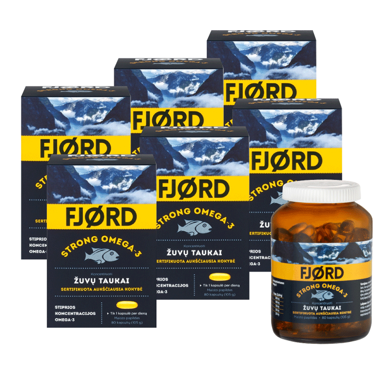 FJORD Strong Omega-3 žuvų taukai (80 kaps.) rinkinys (6 vnt)