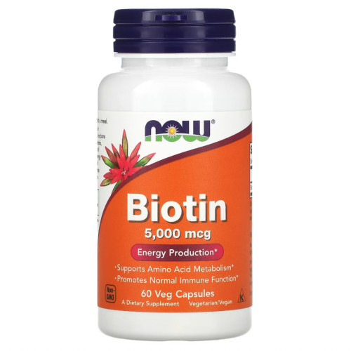 NOW Foods Biotin 5000 mcg Maisto papildas, 60 kapsulių