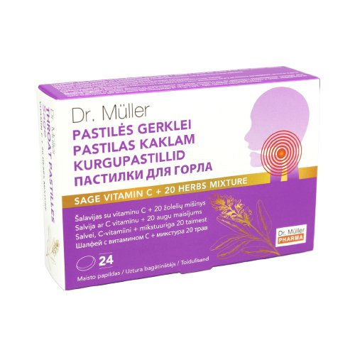 Pastilės gerklei ŠALAVIJAS SU VITAMINU C DR. MULLER, 24 pastilės