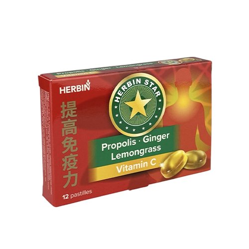Pastilės gerklei su propoliu, imbieru, vitaminu C, citrinžole HERBIN STAR, 12 pastilių