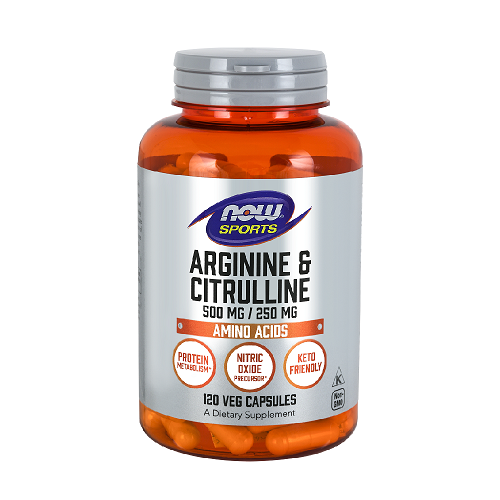 NOW Arginine 500mg & Citrulline 250mg 120 Veg. Kapsulių