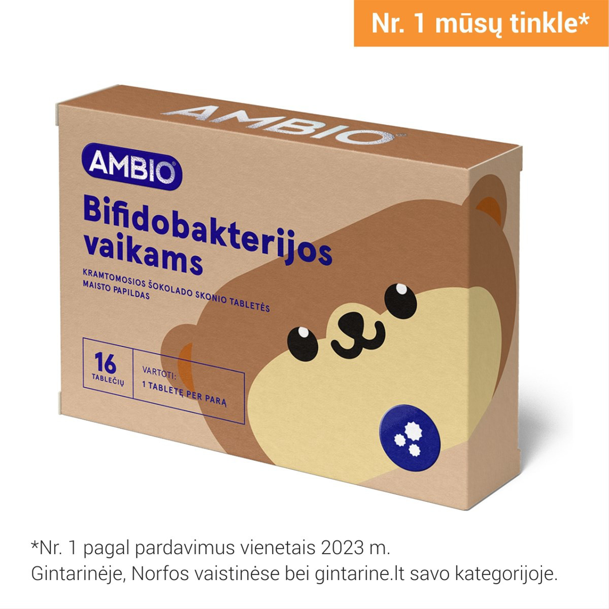 AMBIO KIDS BIFIDOBAKTERIJOS, šokolado skonio, 16 kramtomųjų tablečių