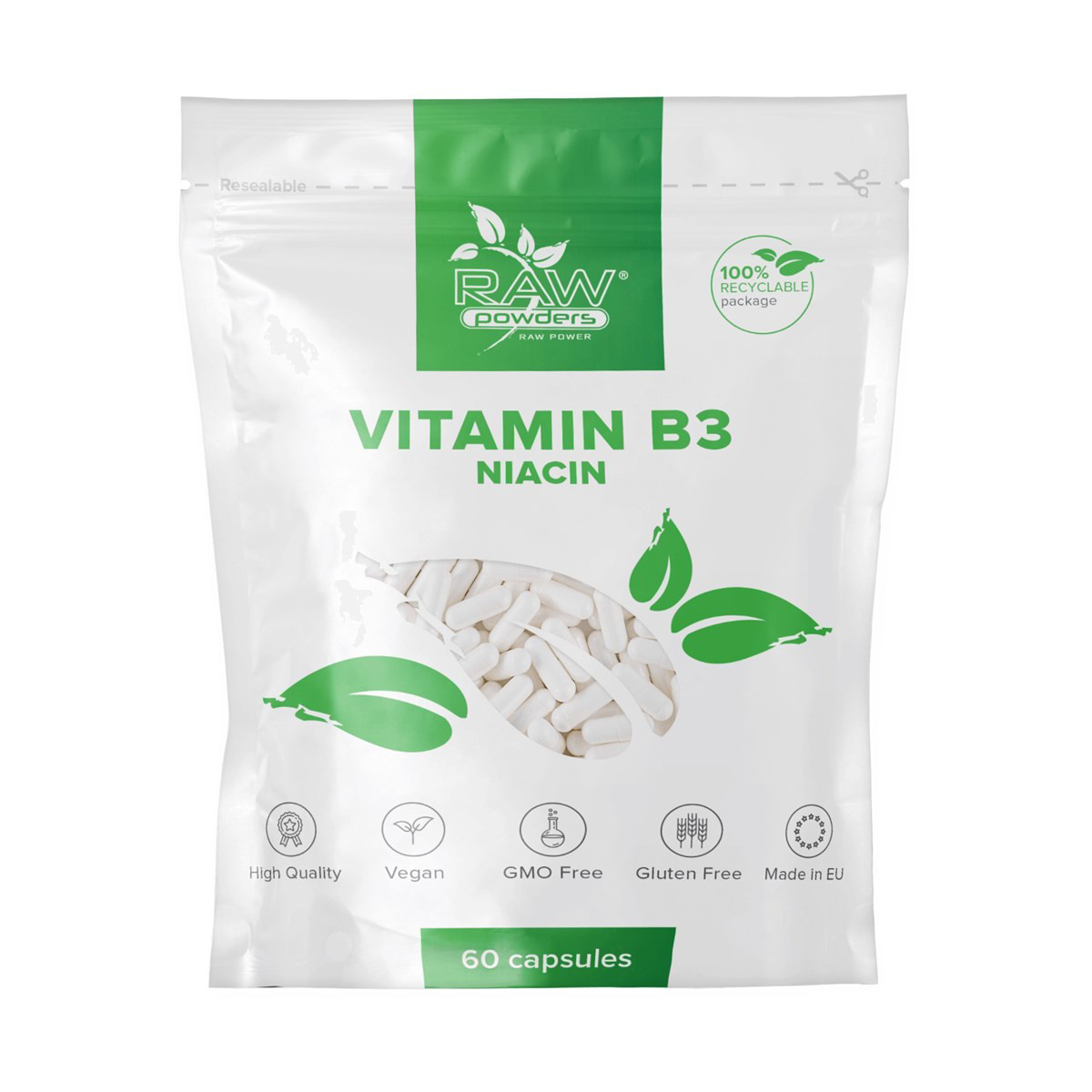RAW POWDERS NIACINAS (VITAMINAS B3), 500 mg, 60 kapsulių
