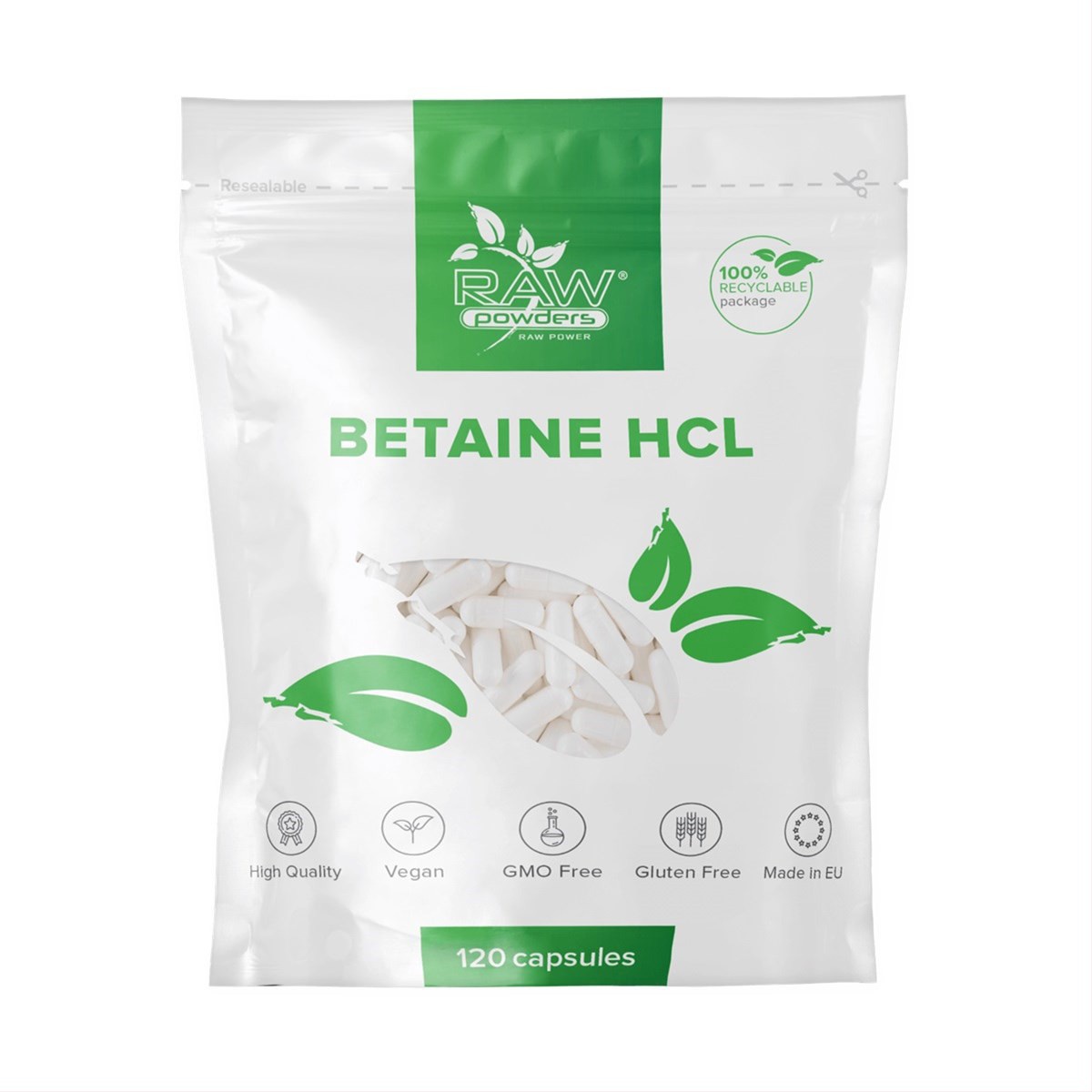 RAW POWDERS BETAINAS HCL, 650 mg, 120 kapsulių