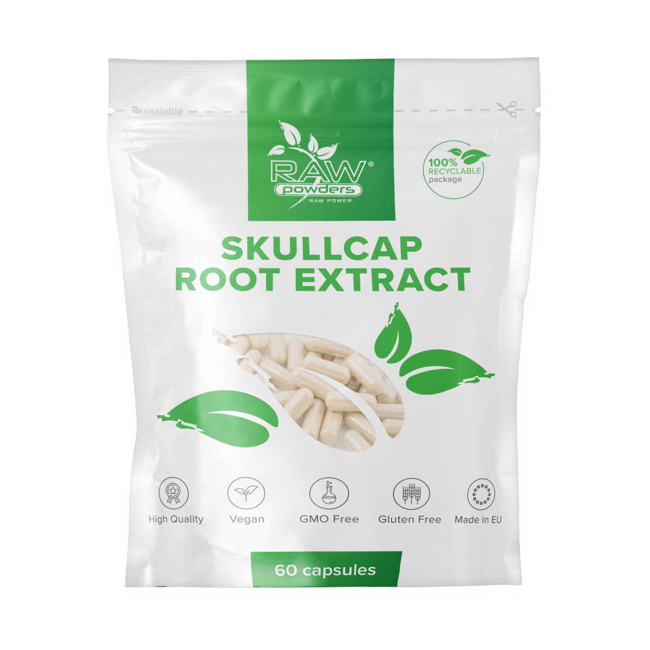 RAW POWDERS BAIKALINIŲ KALPOKIŲ ŠAKNŲ EKSTRAKTAS (SKULLCAP) 250 mg, 60 kapsulių