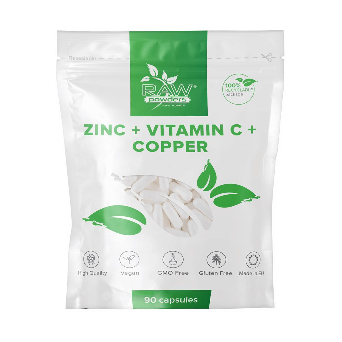 RAW POWDERS CINKAS + VITAMINAS C + VARIS, 90 kapsulių