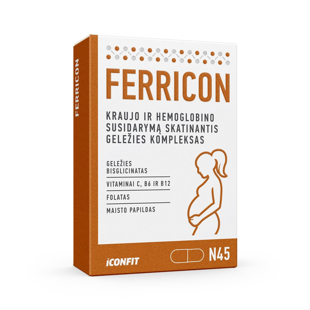 ICONFIT, ferricon, geležies kompleksas nėščioms moterims, 45 kapsulės