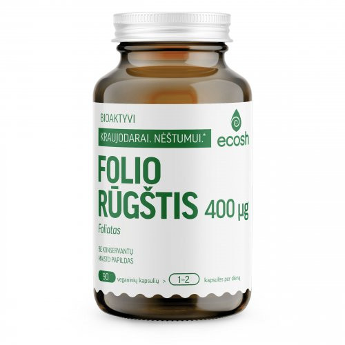 Ecosh Folic Acid 400µg Bioaktyvi folio rūgštis (foliatas), 90 kapsulių