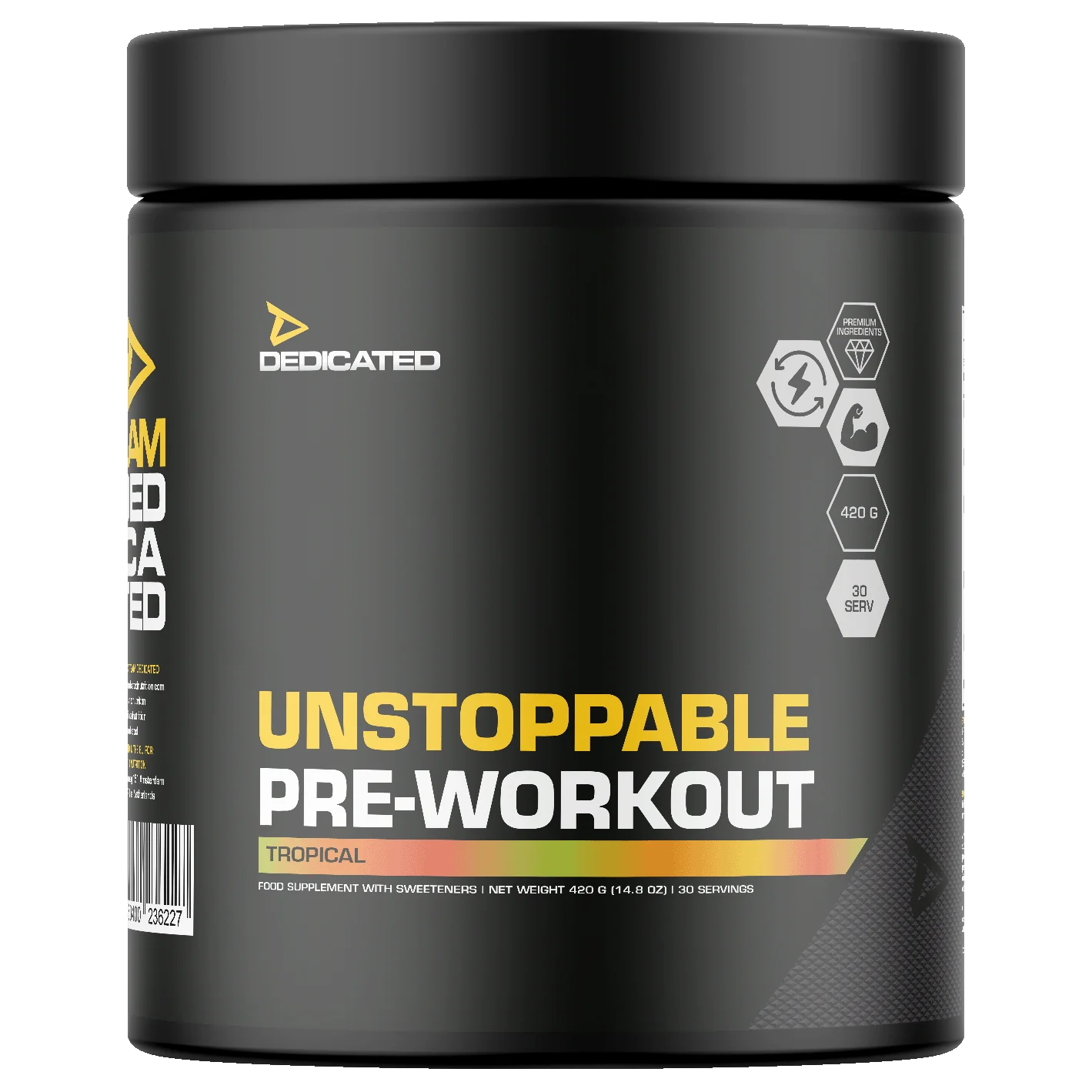 Dedicated Unstoppable Pre-Workout 420 g. - Fruit Punch skonis