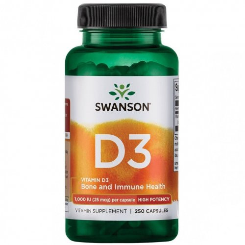 SWANSON High Potency Vitamin D3 1.000 IU (25mcg) Bone and Immune Health Vitaminas D3, 250 kapsulių