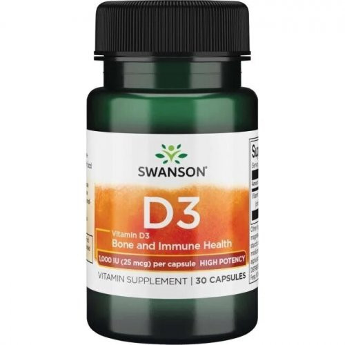 SWANSON High Potency Vitamin D3 1.000 IU (25mcg) Bone and Immune Health Vitaminas D3, 30 kapsulių