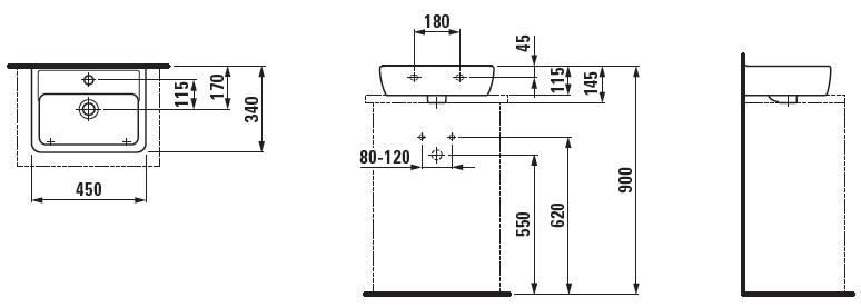 Laufen Pro A praustuvas-dubuo 45 x 34 cm, su 1 anga maišytuvui viduryje su nušlifuota apačia