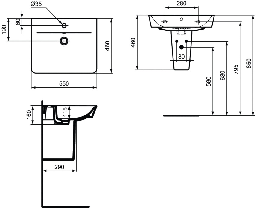 Ideal Standard praustuvas Connect air Cube, tvirtinamas prie sienos, 55 x 46 x 16 cm, baltas