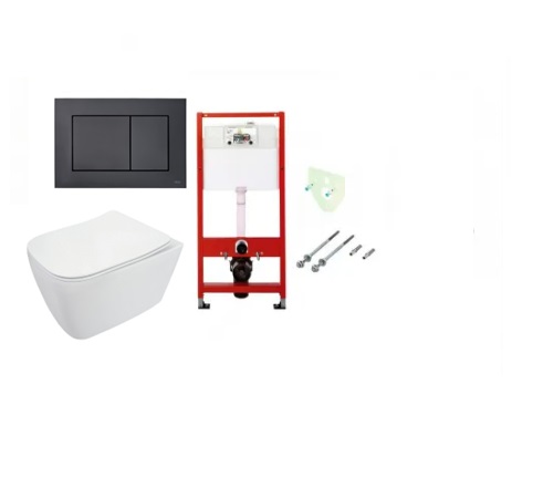WC Komplektas 5in1 Tece potinkinis rėmas su juodu TeceNow vandens nuleidimo mygtuku ir Deante Hiacynt Rimless pakabinamu klozetu su lėtaeigiu dangčiu