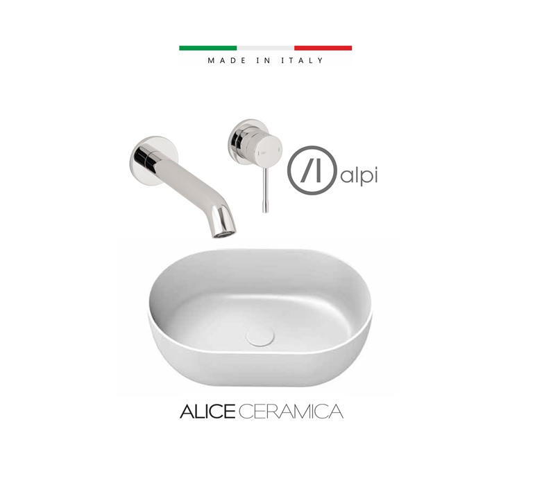 Komplektas:  Alpi blue maišytuvas iš sienos ir praustuvas-dubuo Alice Ceramica Unica 550x350 mm