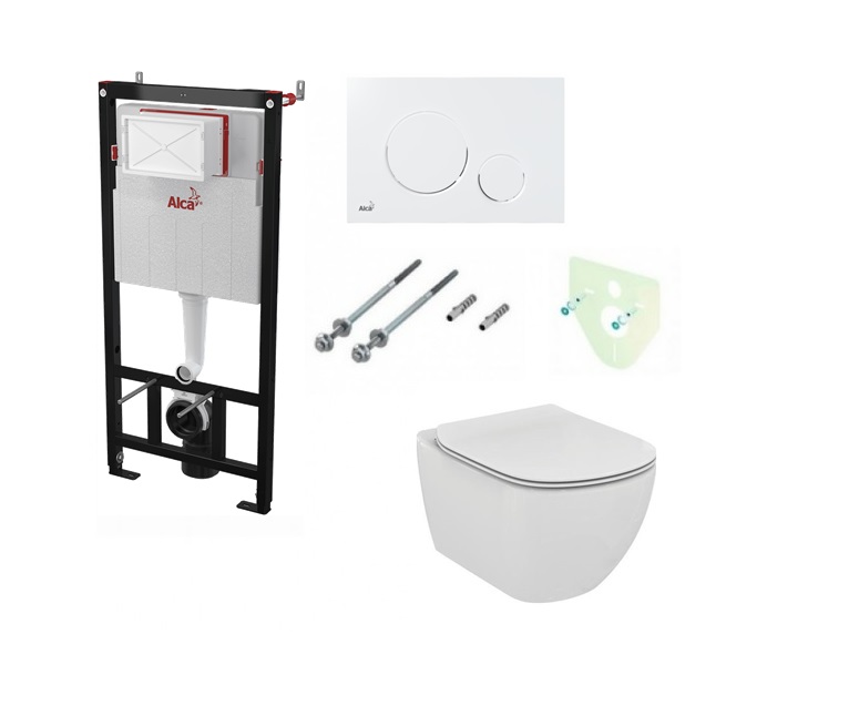 Komplektas 4 in1 Alcaplast rėmas +  baltas mygtukas , Ideal Standard Tesi Aquablade klozetas su lėtaegiu dangčiu