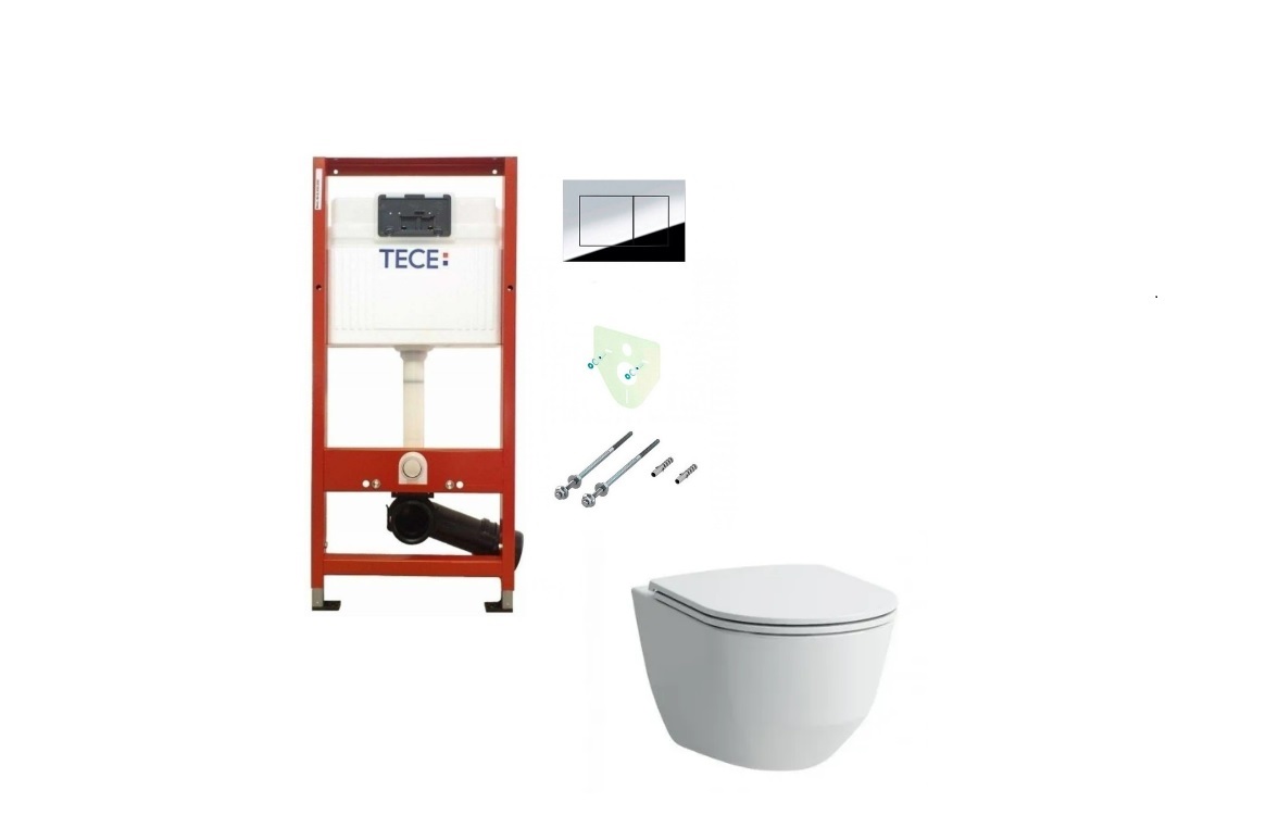 WC rėmo Tece, chromuotas mygtukas Now ir klozeto Laufen Pro Rimless su plonu lėtaeigiu dangčiu komplektas