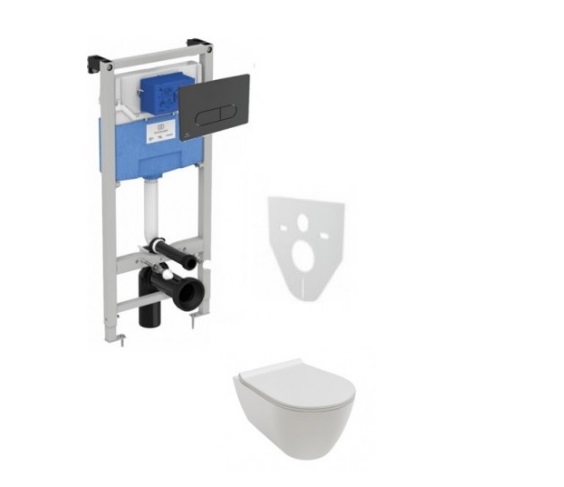 Komplektas 4 in1 Ideal standard rėmas + mygtukas juodas matinis,Hatria Fusion Rimless klozetas su lėtaegiu dangčiu