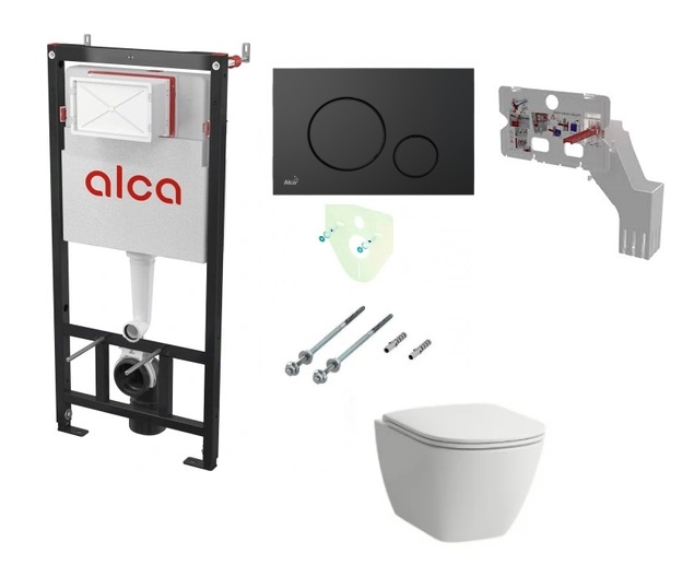 Potinkinis rėmas Alcadrain su juodu mygtuku  ir FRESH LAUFEN LUA RIMLESS pakabinamas wc su lėtaeigiu dangčiu