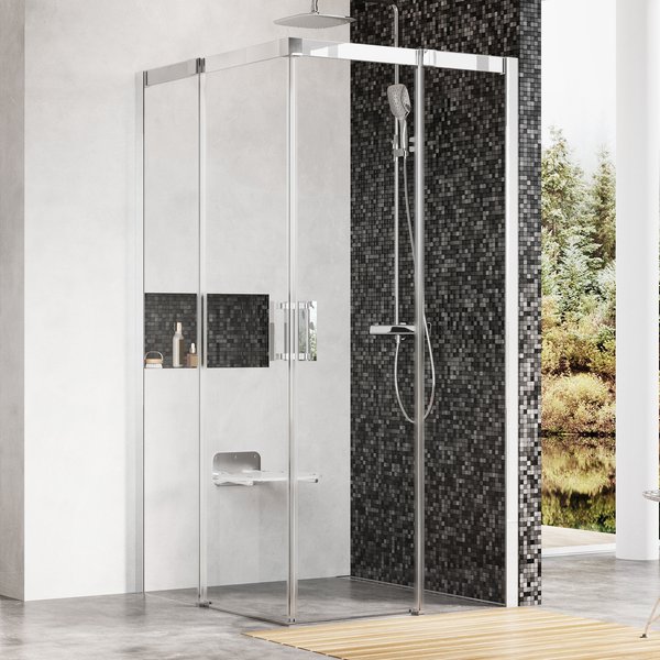 Keturių dalių kampinė dušo kabina | MSRV4-100/100 satinas+Transparent