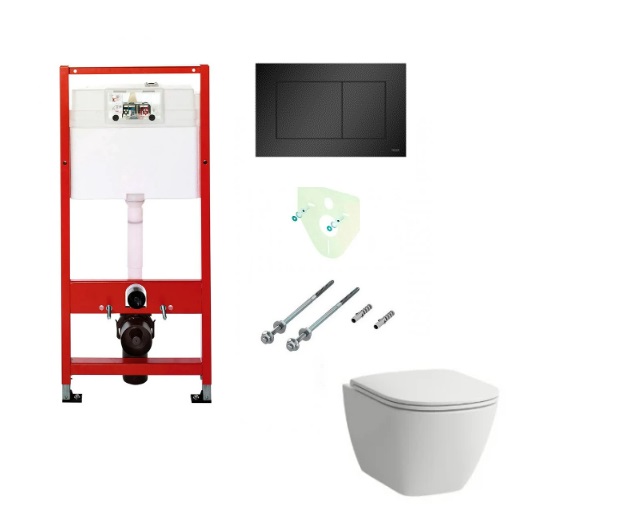 Potinkinis rėmas Tece su juodu mygtuku LAUFEN LUA RIMLESS pakabinamas wc su lėtaeigiu dangčiu
