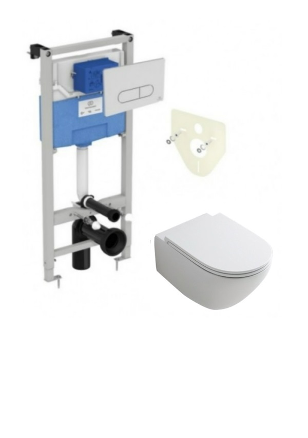 Ideal standard potinkinis rėmas Prosys su baltu Oleas vandens nuleidimo mygtuku ir Hatria Fusion Compact  Rimless pakabinamas klozetas su lėtaeigiu dangčiu