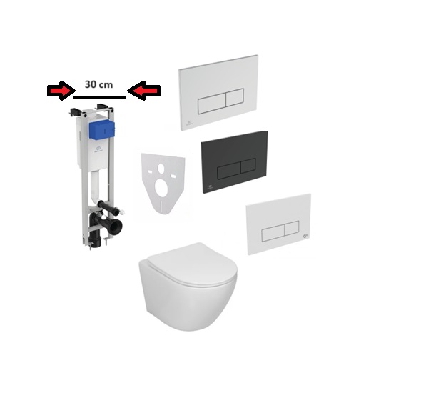 WC Komplektas 5in1 Ideal standart siauras rėmas 30cm +mygtukas ir SINTO Rimless pakabinamas klozetas su lėtaeigiu dangčiu