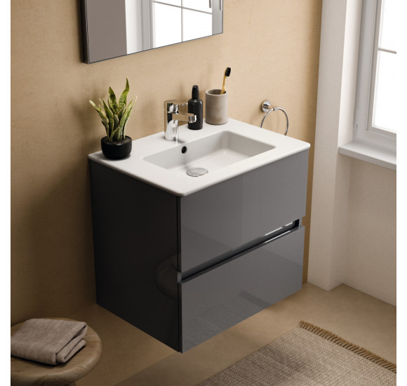 KOMPLEKTAS: Ideal Standard Eurovit pakabinama vonios spintelė su praustuvu 60 cm, 2 stalčiai, soft close uždarymas : Spalva - Ideal Standard pilka,blizgi, Spintelės plotis - 610 mm