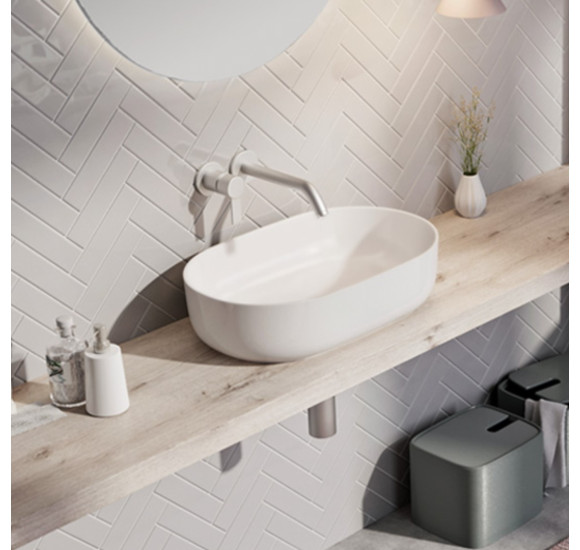Balteco NEO O Xonyx akmens masės pastatomas praustuvas, 56x36x14cm, baltas matinis, dugno vožtuvas komplekte : Spalva - Balta matinė