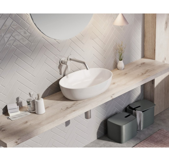 Balteco NEO E Xonyx akmens masės pastatomas praustuvas, 54x38x14cm, baltos matinės spalvos, dugno vožtuvas komplekte : Spalva - Balta matinė