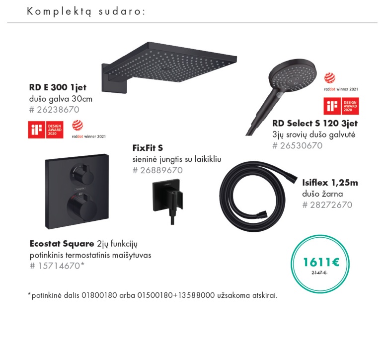 Juodos matinės spalvos potinkinis Hansgrohe dušo sistemos komplektas 5 in 1
