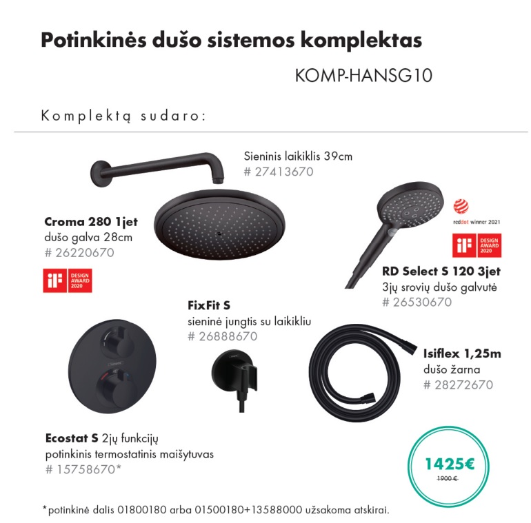 Juodos matinės spalvos potinkinis Hansgrohe dušo sistemos komplektas 6 in 1