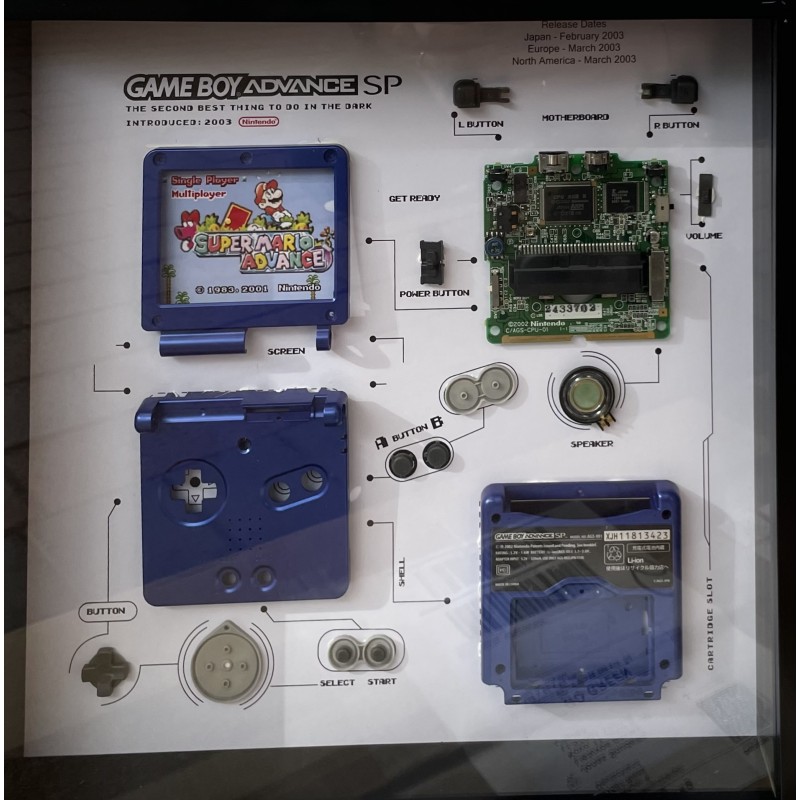 Nintendo Game Boy Advance SP Blue Console Display Photo Frame. Konsolės schema rėmelyje