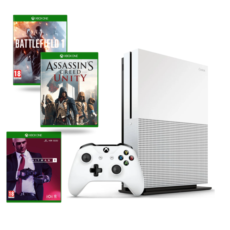 Microsoft Xbox One S 500GB konsolė + AC Unity + Battlefield 1 + Hitman 2