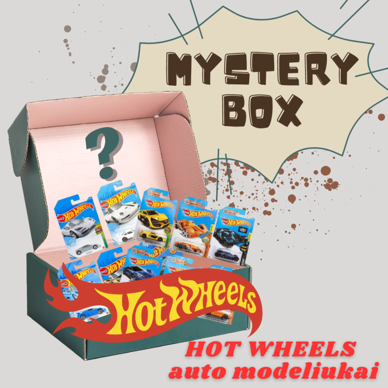 Staigmenų dėžutė Mystery Box! HOT WHEELS auto modeliukų rinkinys