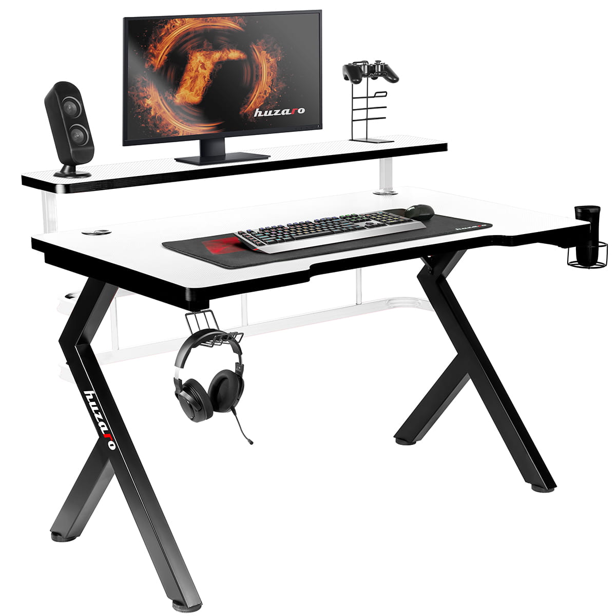 Kompiuterio žaidimų stalas „Huzaro Hero 5.0 White“, baltas „Carbon“