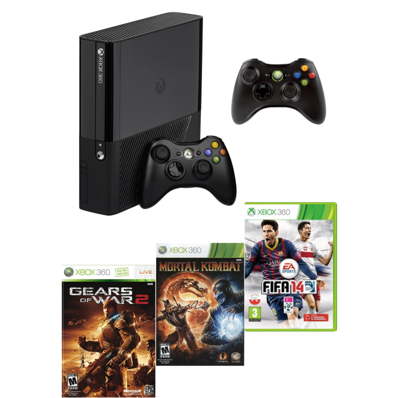 Žaidimų konsolė Microsoft XBOX 360 E 250GB + papildomas pultelis + 3 žaidimai dviems (Mortal Kombat, FIFA 14, Gears of War 2)