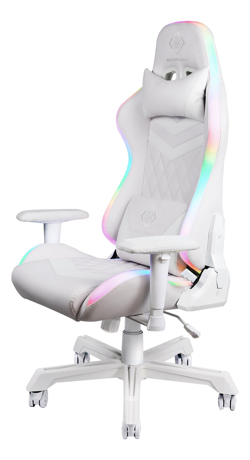 Žaidimų kėdė DELTACO GAMING White Line, RGB, kaklo pagalvėlė, nugaros pagalvėlė, balta / GAM-080-W