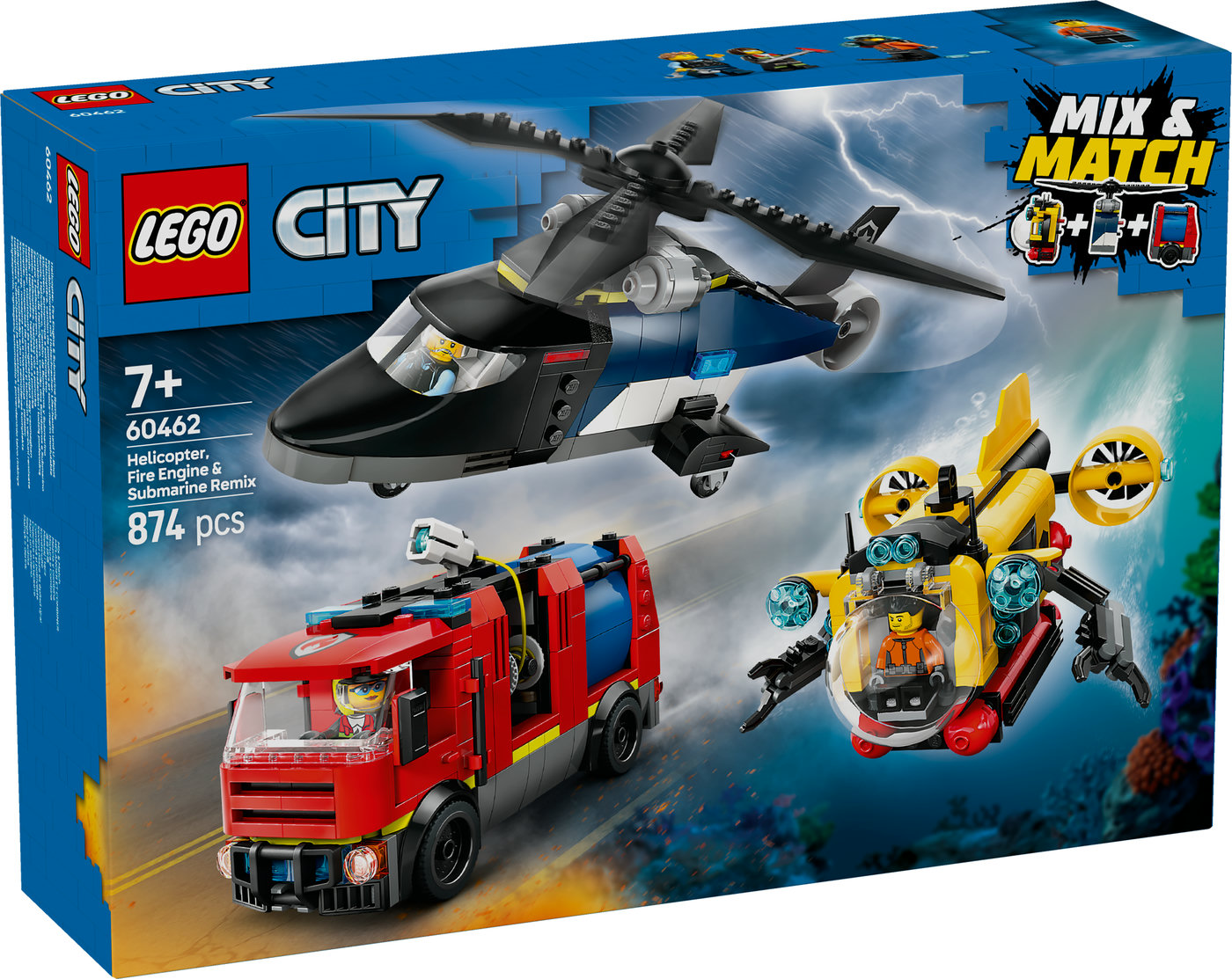 LEGO® City Sraigtasparnio, ugniagesių automobilio ir povandeninio laivo rinkinys 60462