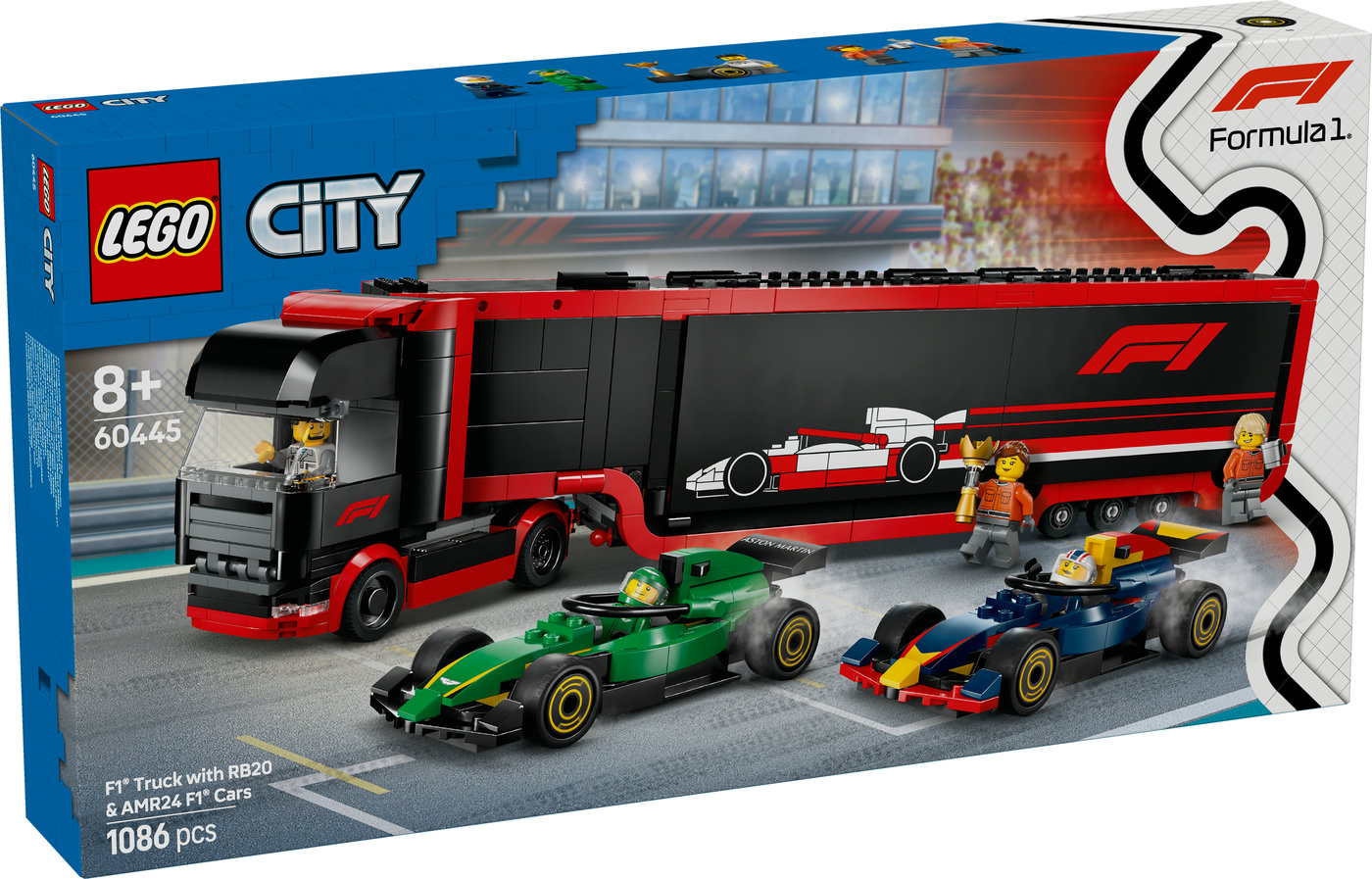 LEGO® City F1® sunkvežimis su RB20 ir AMR24 F1® automobiliais Vilkikas