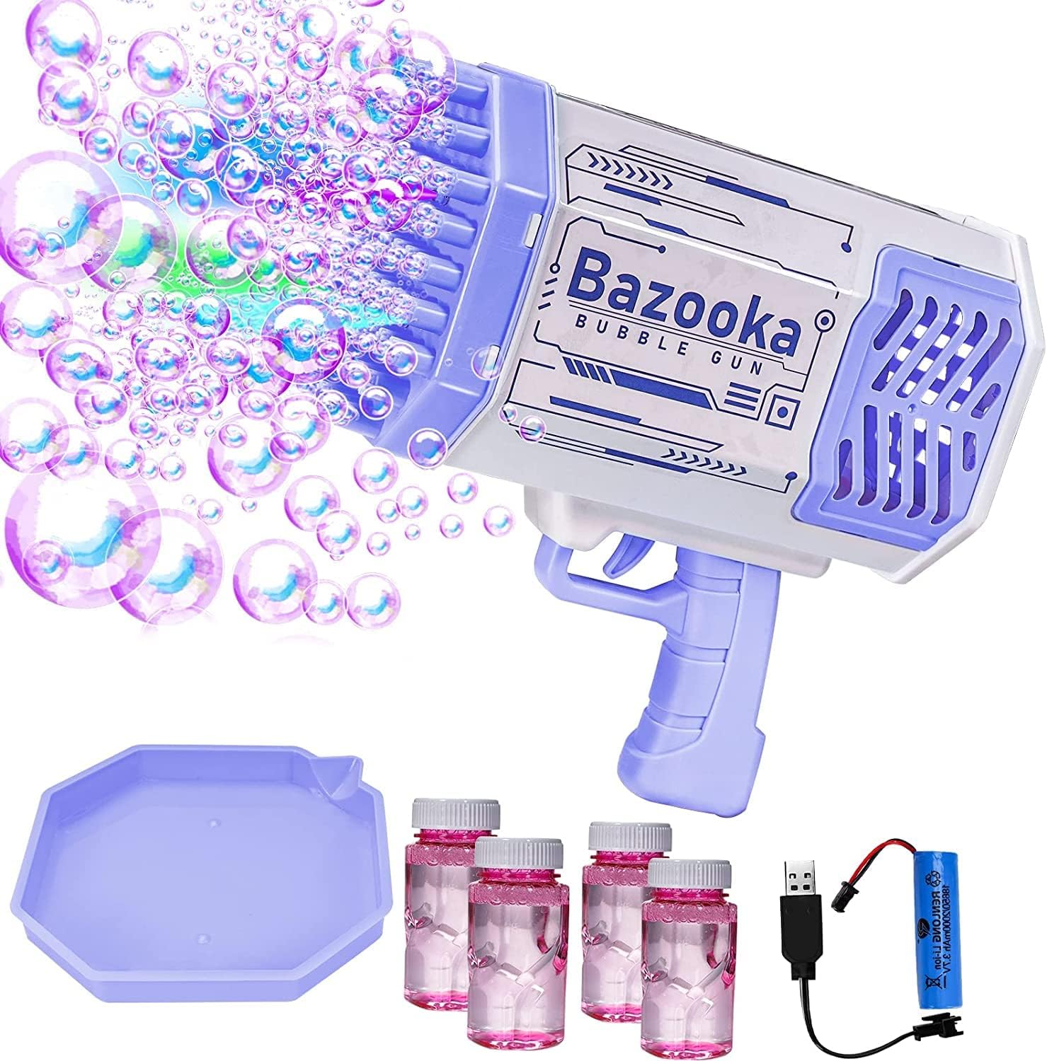 Burbulų šautuvas Bazooka 69 skylių, šviečiantis, pakraunamas, spalva violetinė