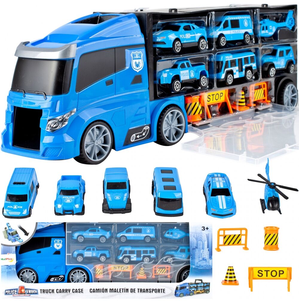 Policija vilkikas su kelio ženklais, rinkinyje 4 mašinos, malūnsparnis, autobusas
