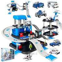Žaislinė trasa - parkavimo komplektas + 6 metaliniai automobiliai ir sraigtasparnis