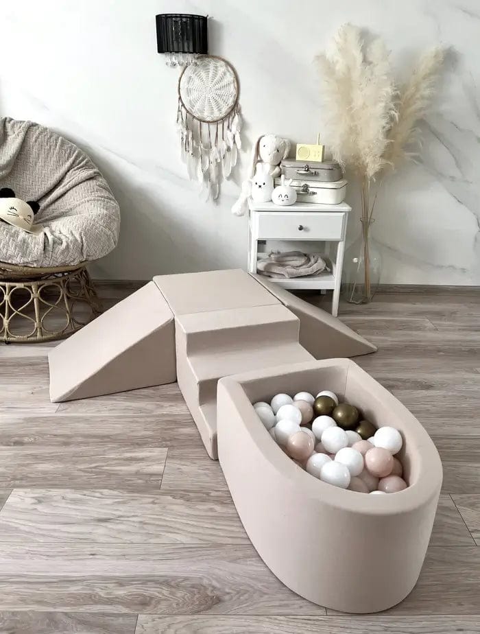 Minkšta Žaidimų Aikštelė Su Mini Kamuoliukų Baseinu Smėlio Spalva 5 Dalys + 100 Kamuoliukų