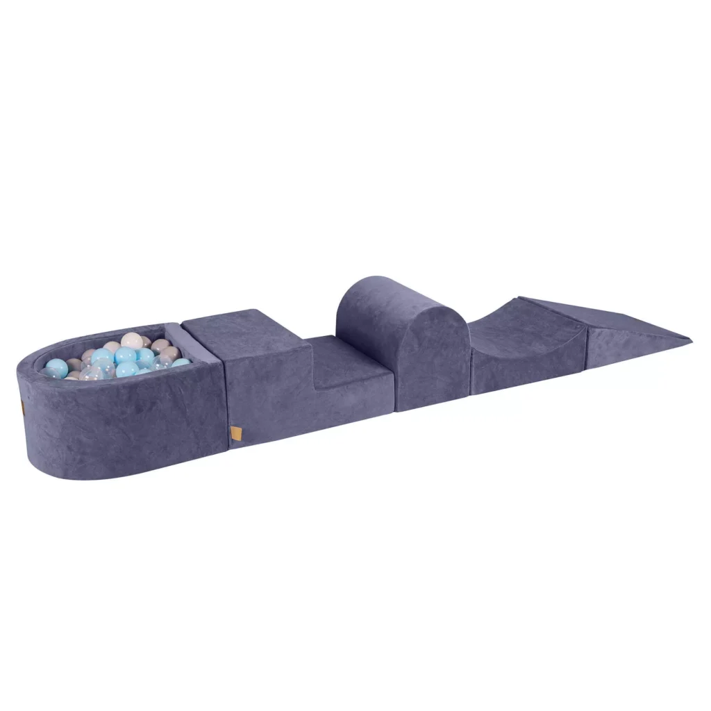 Putų žaidimų rinkinys su maža kamuoliukų duobe Vaikų žaidimų aikštelė su 100 kamuoliukų Sertifikuota, aksominė, pilkai mėlyna: Babyblue/Grey/White/Transparent