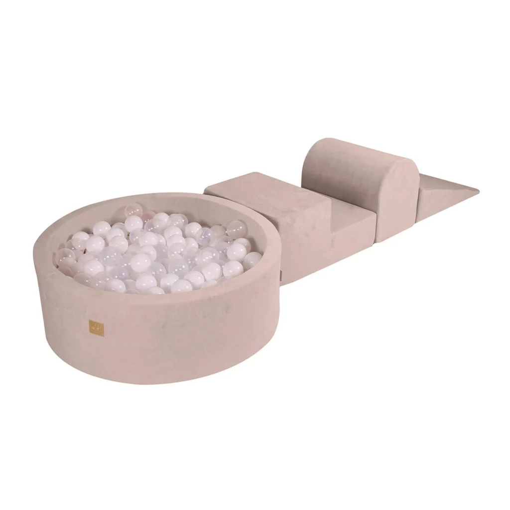 Putų 3 elementų žaidimų rinkinys su kamuoliukų duobe 90x30cm ir 200 kamuoliukų Sertifikuota, aksominė, Ecru: balta/permatoma