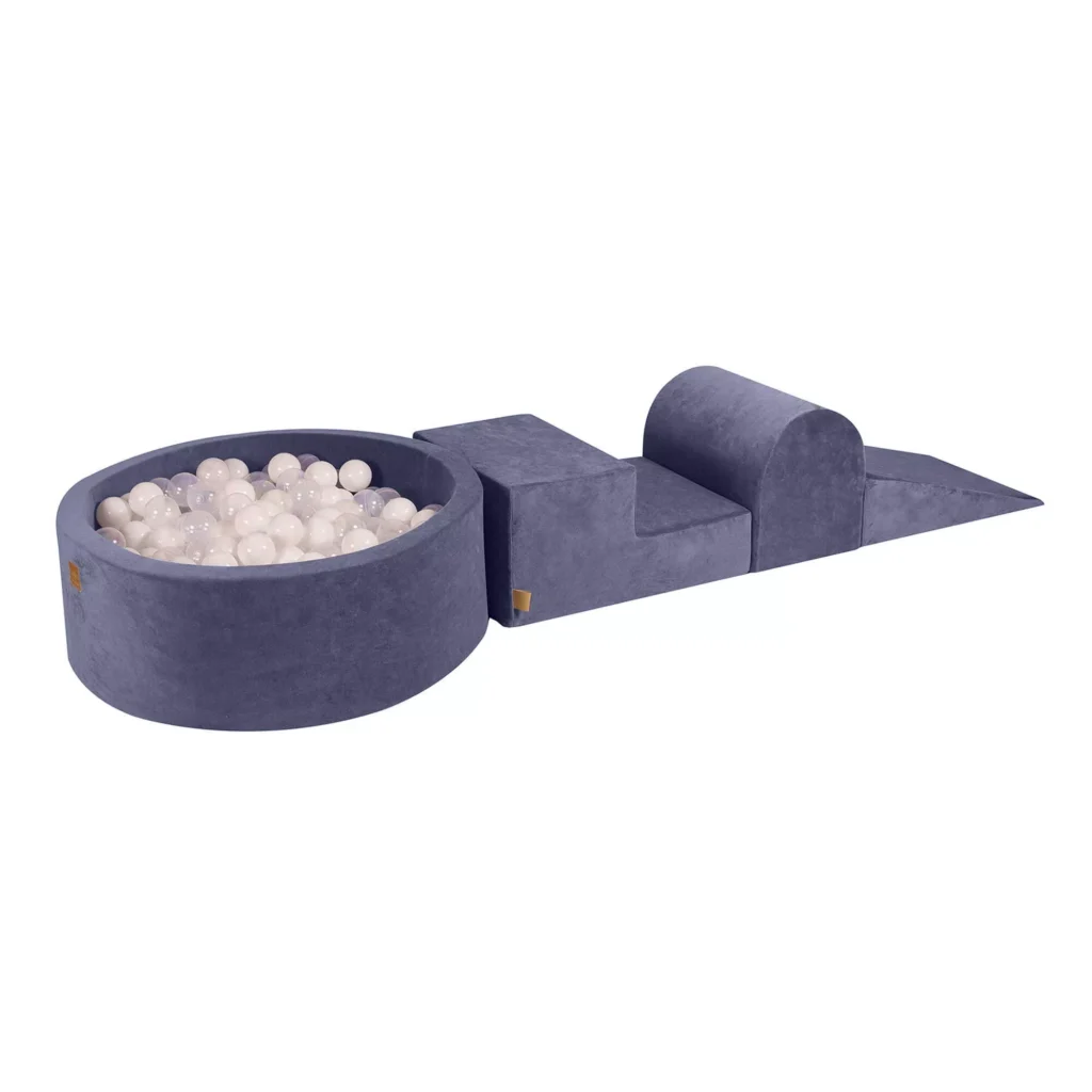 Putų 3 elementų žaidimų rinkinys su kamuoliukų duobe 90x30cm ir 200 kamuoliukų Sertifikuota, aksominė, pilkai mėlyna: balta/permatoma