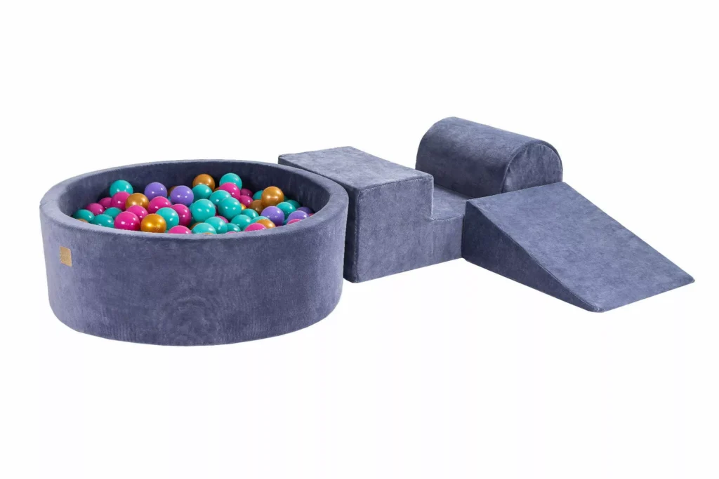 Putų 3 elementų žaidimų rinkinys su kamuoliukų duobe 90x30 cm ir 200 kamuoliukų Sertifikuota, aksominė, mėlynai pilka: auksinė/tamsiai rožinė/turkio spalva/Lilas